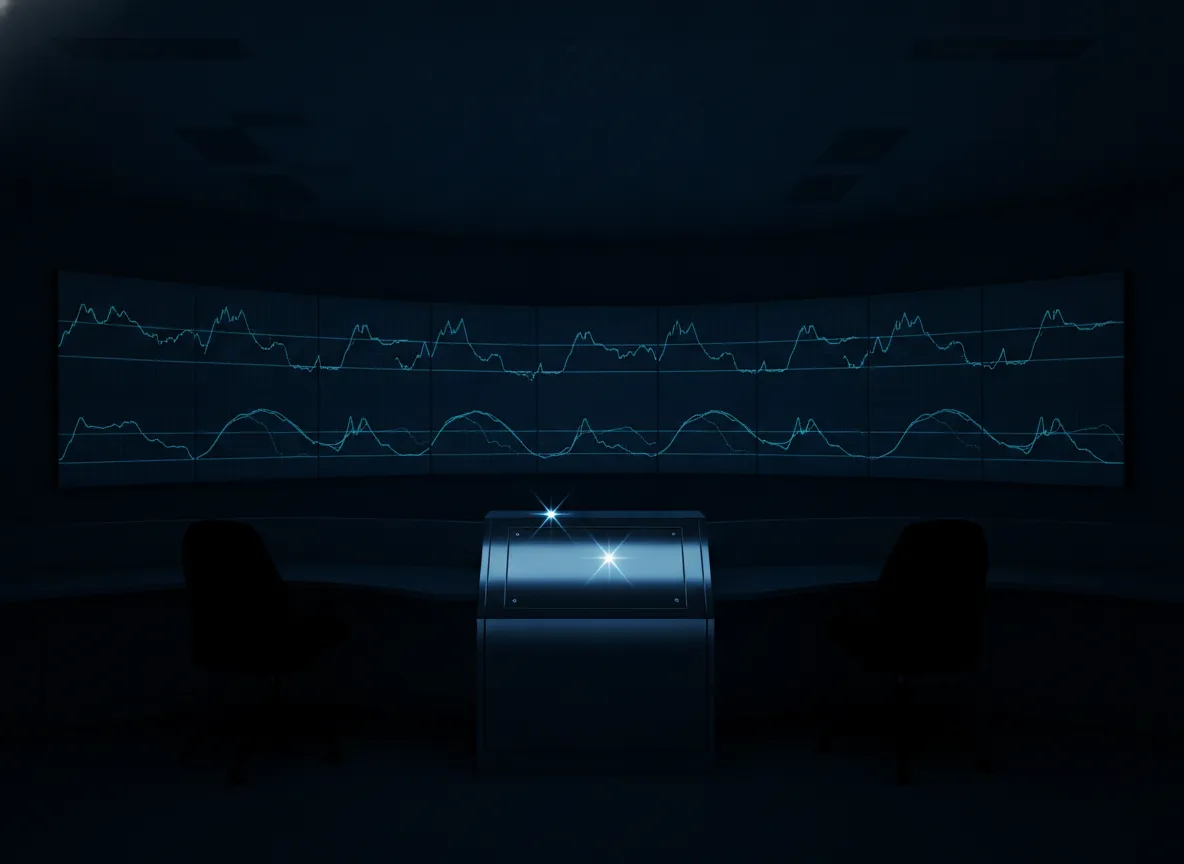 An empty control room with two chairs facing a curved wall of monitors tiling overlapping process-trend graphs, lit only by their blue glow and a bright console panel.