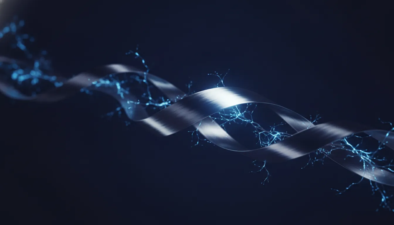 An abstract silver double helix intertwined with a glowing blue neural network of branching light.