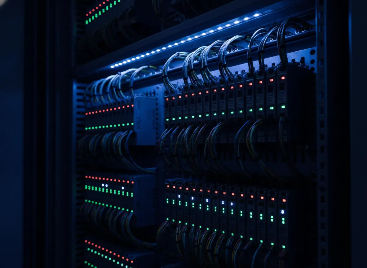 A close-up of a control-system equipment rack, rows of I/O modules lit with red and green status LEDs beneath a strip of blue light and bundled cabling.