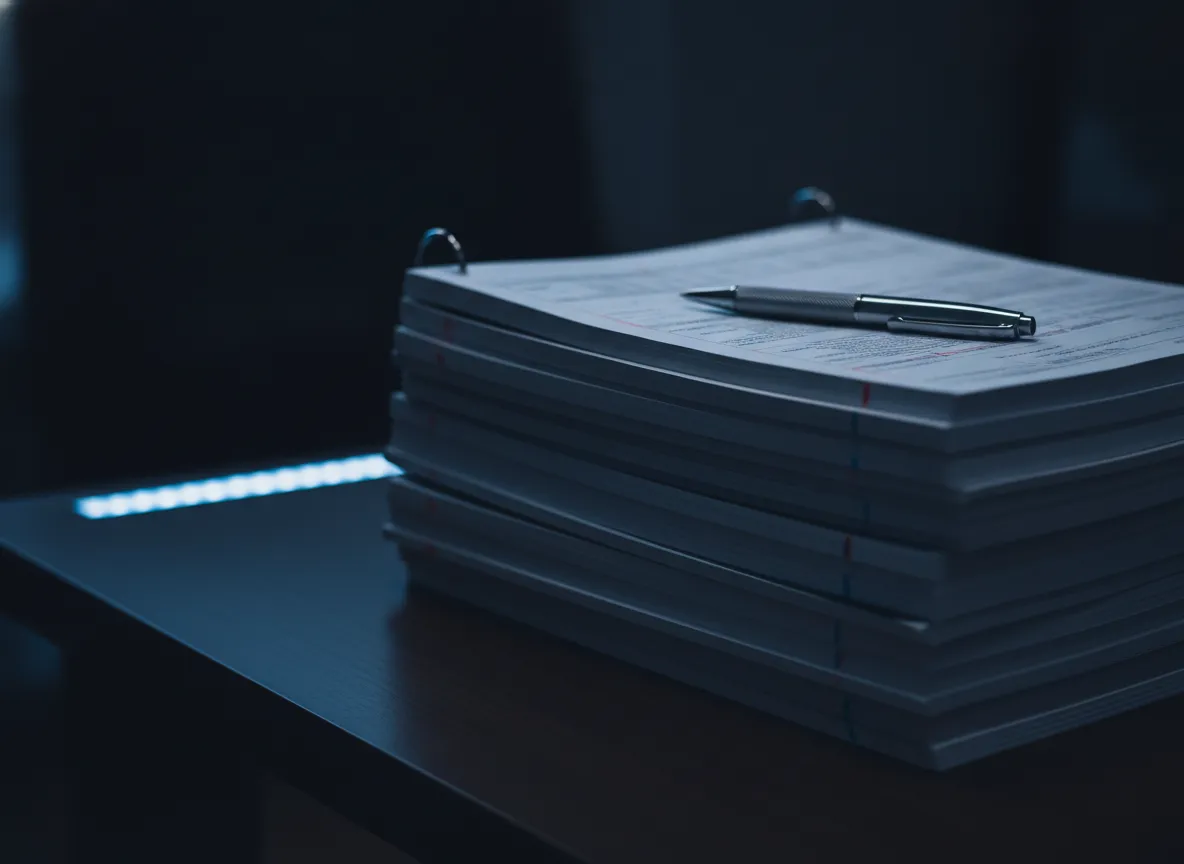 A thick stack of bound technical reports on a dark desk, edges marked with red and blue tabs, a pen resting on top and a strip of blue LED light behind.
