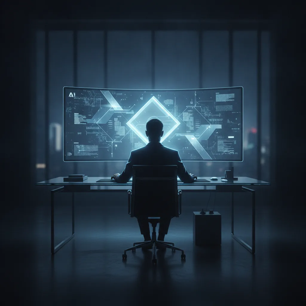 A person seen from behind at a minimalist desk, facing a wide curved screen that displays a glowing diamond-shaped AI interface surrounded by technical data panels.