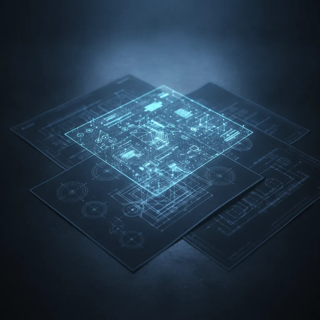 Stacked technical documents on a dark surface with a glowing blue holographic schematic diagram projected above them.