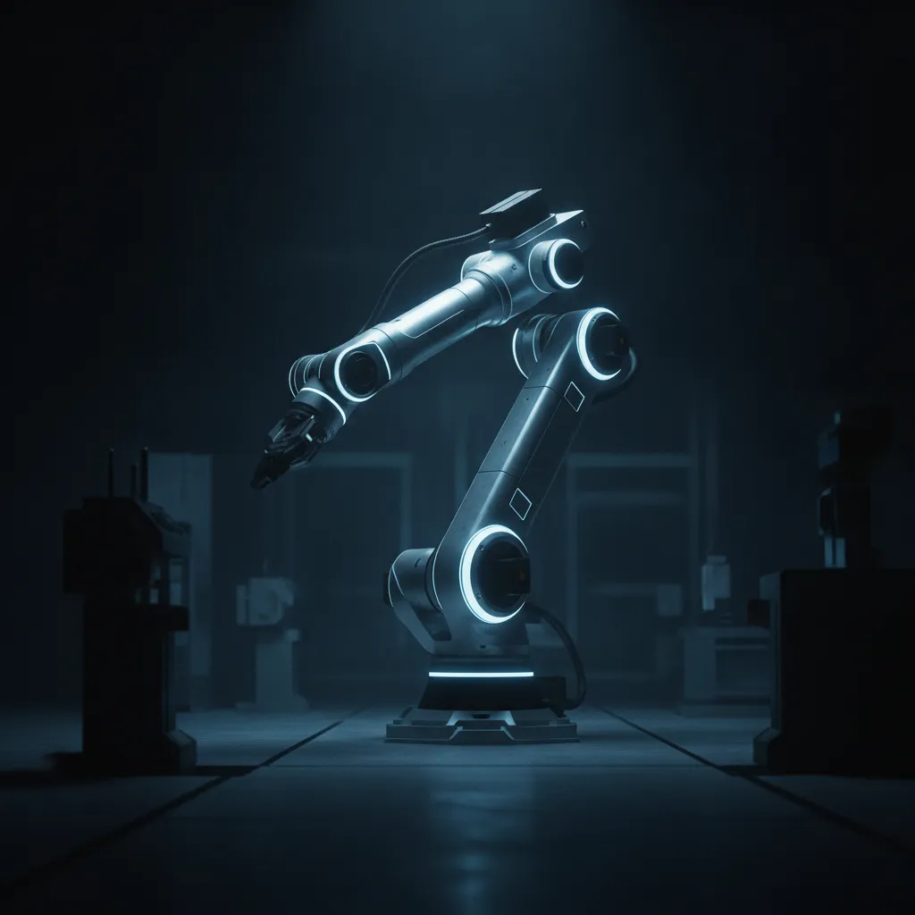 A silver robotic arm with glowing blue joint rings, poised in a dim industrial workspace.