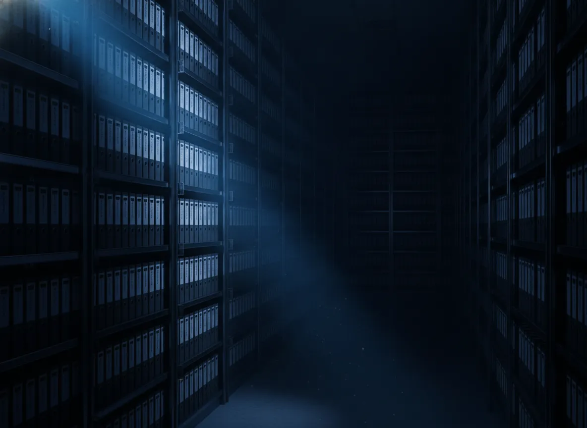 A long archive corridor lined with shelves of ring binders on both sides, lit by an angled shaft of blue light while the far end fades into darkness.