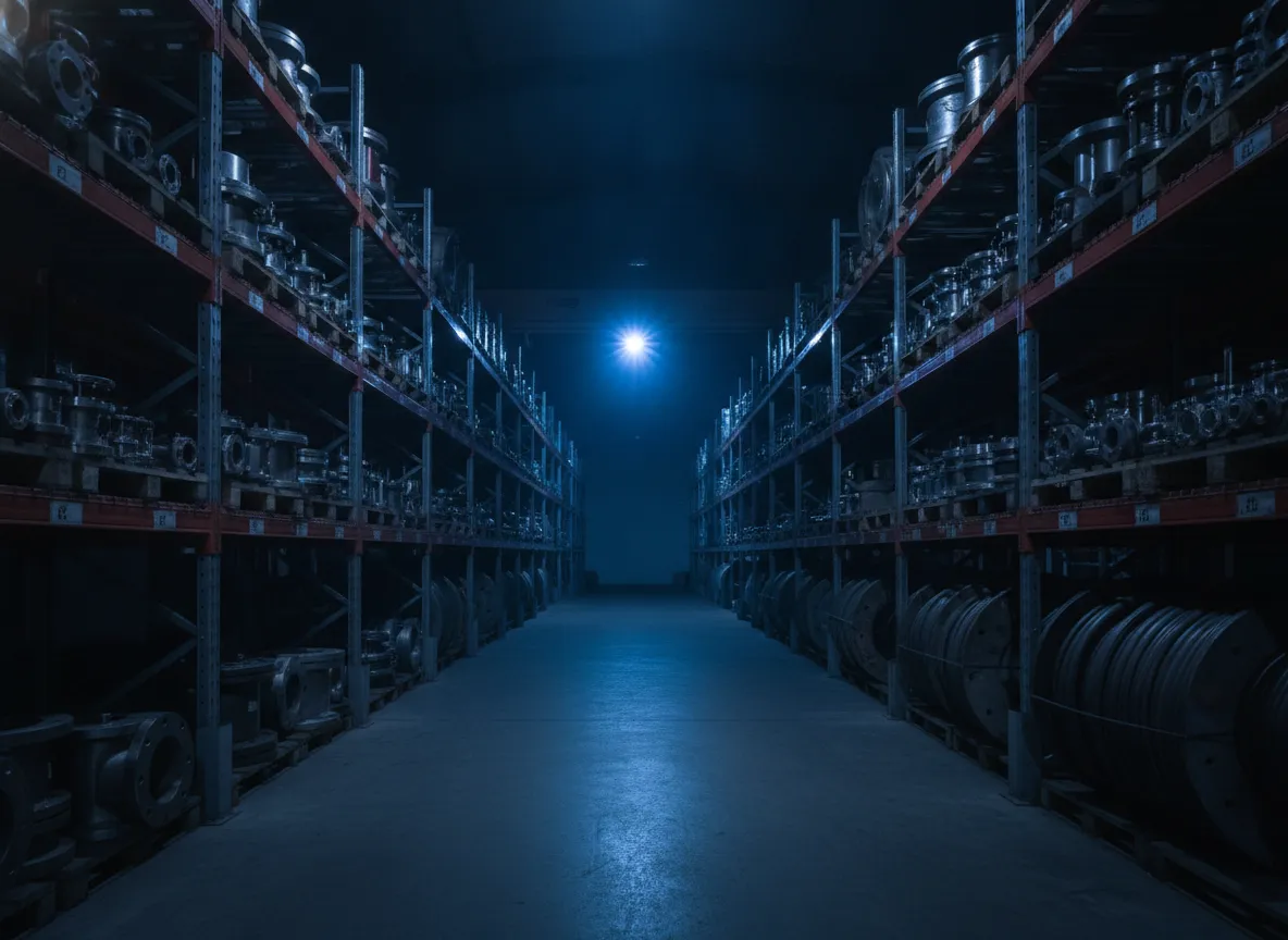 A long warehouse aisle between steel shelving stacked with valves, flanges, and spooled cable, receding toward a single bright light in the distance.