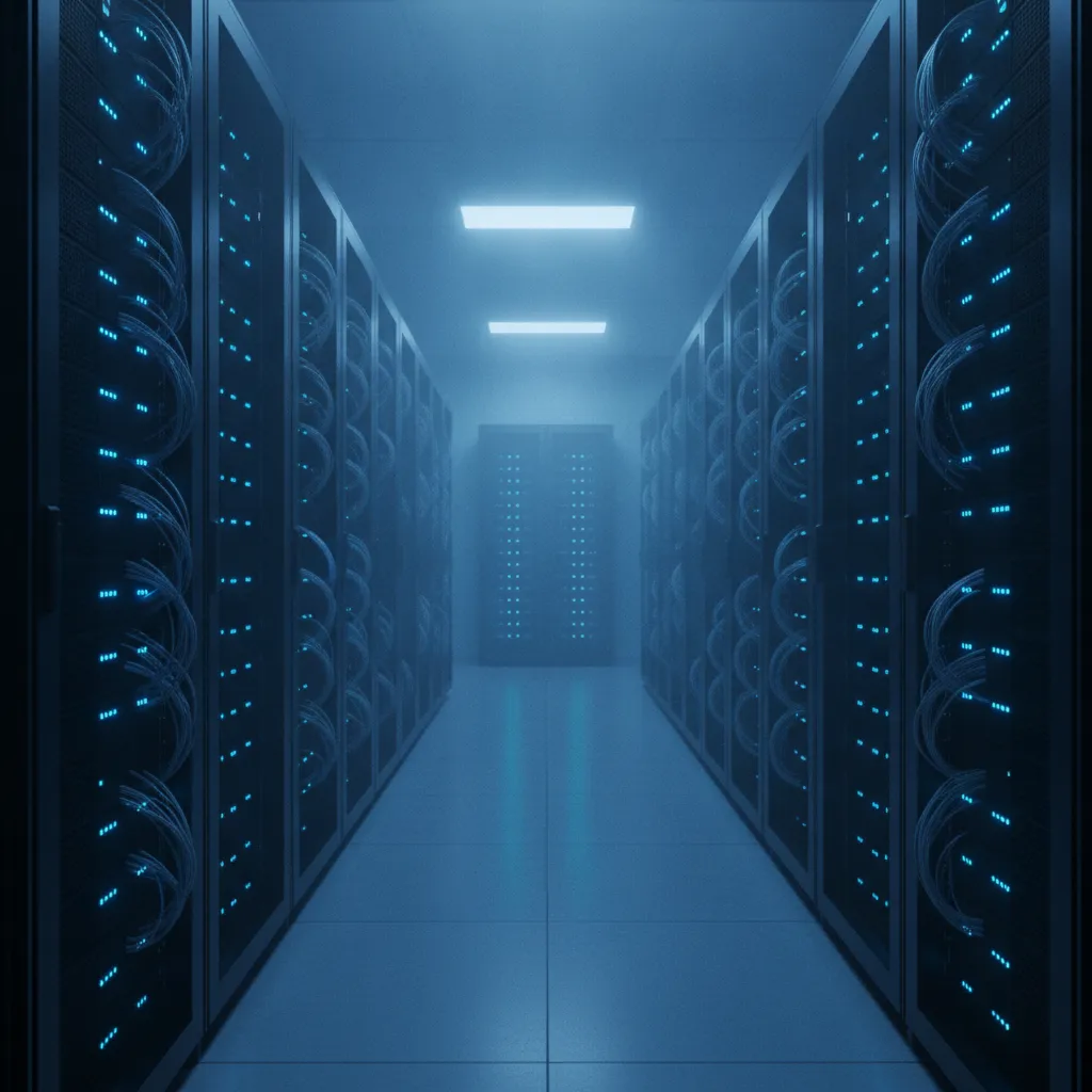 A row of server racks in a data centre corridor, their status lights glowing blue under overhead panel lighting.